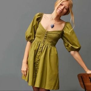 Anthropologie Maeve Puff Sleeve Mini Dress Sweetheart Corset Green NEW Medium